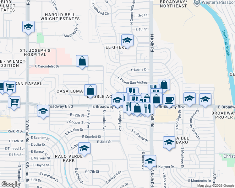map of restaurants, bars, coffee shops, grocery stores, and more near 122 North Langley Avenue in Tucson