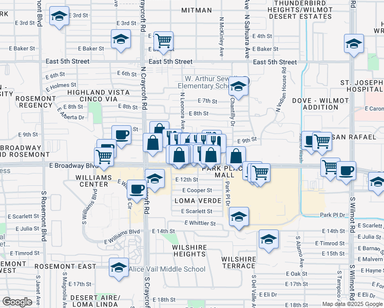 map of restaurants, bars, coffee shops, grocery stores, and more near 5649 East 10th Street in Tucson