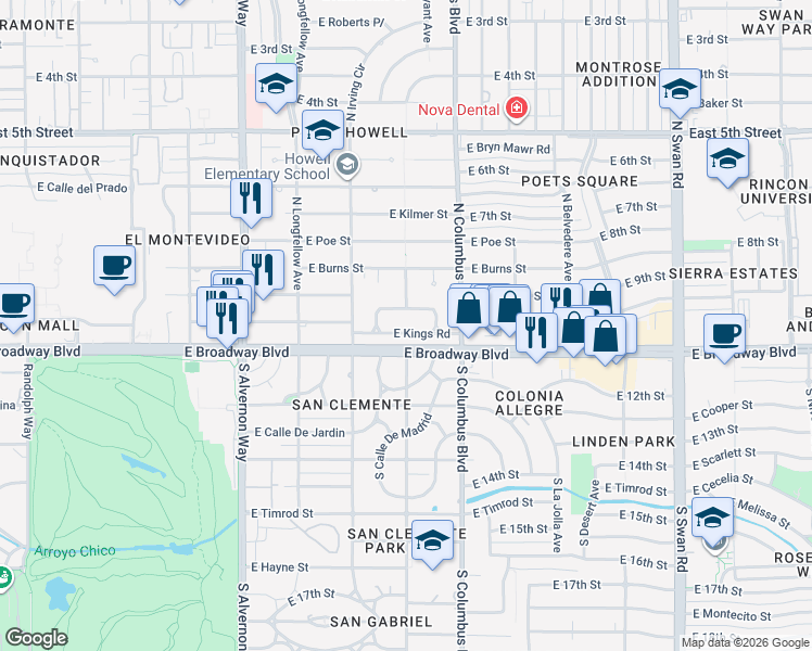 map of restaurants, bars, coffee shops, grocery stores, and more near 4215 East Oxford Drive in Tucson