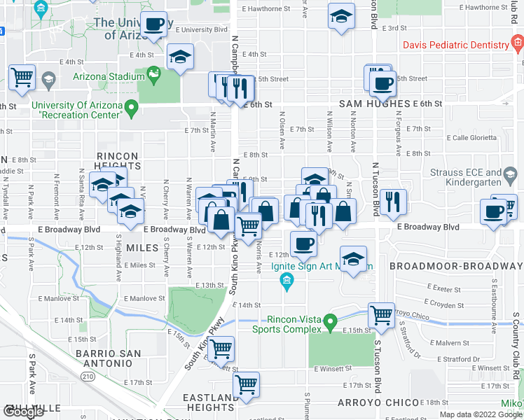 map of restaurants, bars, coffee shops, grocery stores, and more near 2027 East 10th Street in Tucson