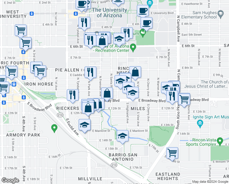 map of restaurants, bars, coffee shops, grocery stores, and more near 1147 East 10th Street in Tucson