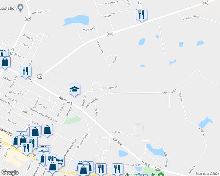 map of restaurants, bars, coffee shops, grocery stores, and more near 1210 Easter Drive in Vidalia