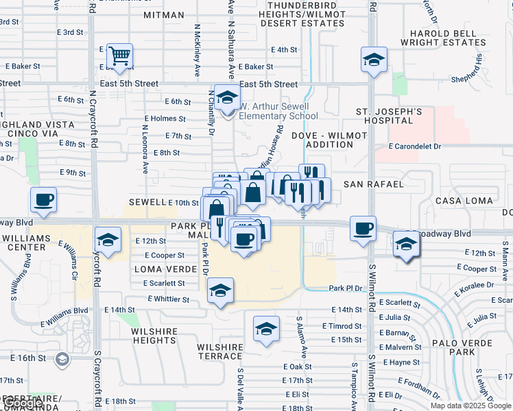 map of restaurants, bars, coffee shops, grocery stores, and more near 5975 East Broadway Boulevard in Tucson