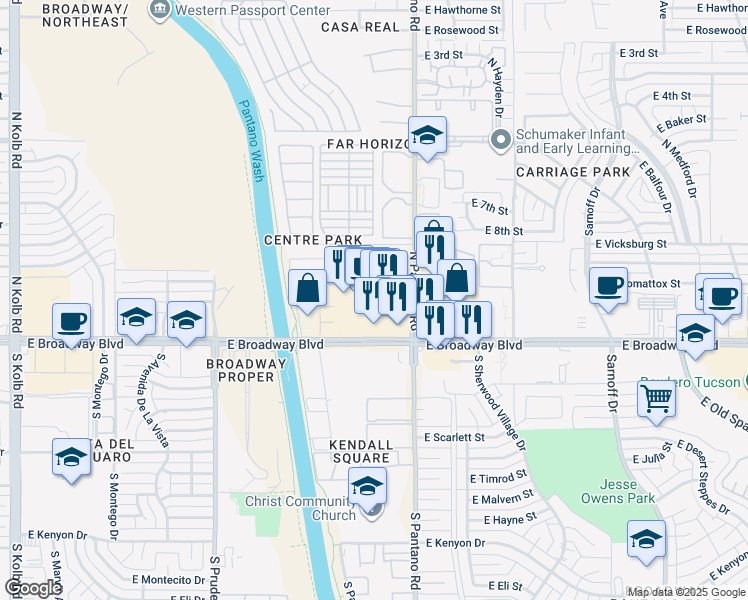 map of restaurants, bars, coffee shops, grocery stores, and more near 7727 East Broadway Boulevard in Tucson