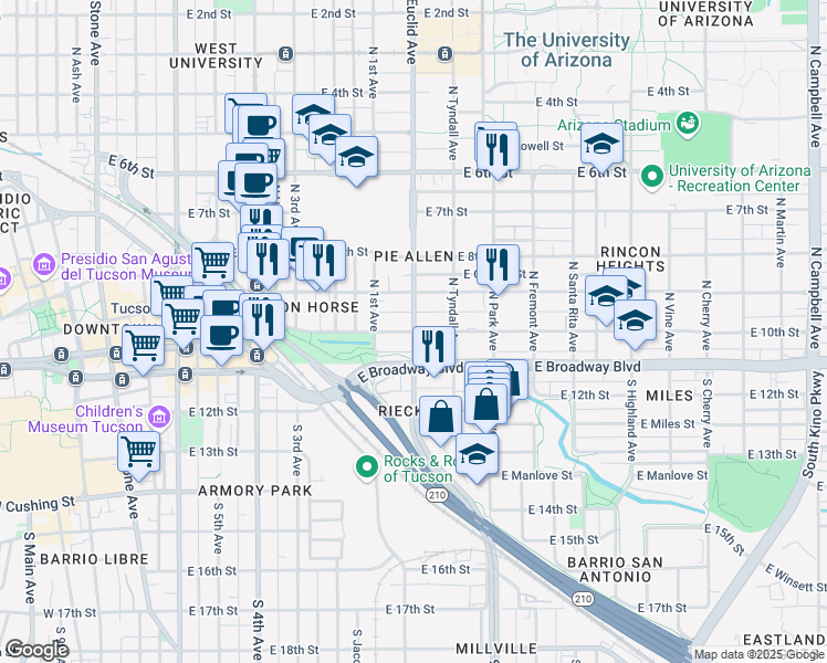 map of restaurants, bars, coffee shops, grocery stores, and more near North Euclid Avenue & East 10th Street in Tucson