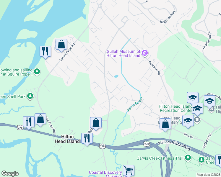 map of restaurants, bars, coffee shops, grocery stores, and more near 170 Wild Horse Road in Hilton Head Island