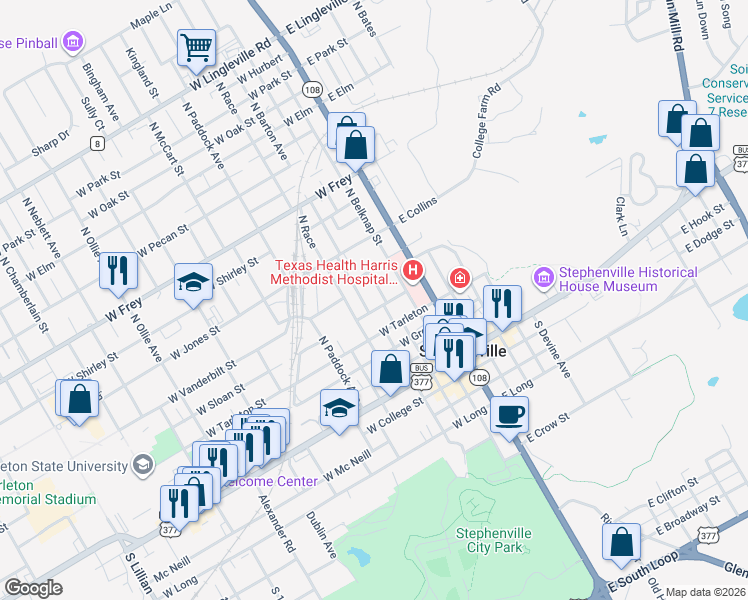 map of restaurants, bars, coffee shops, grocery stores, and more near 570 North Columbia in Stephenville
