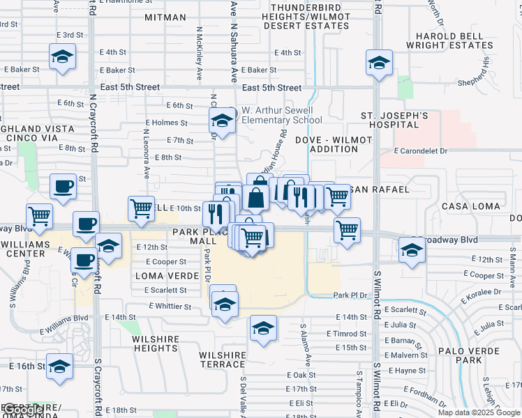 map of restaurants, bars, coffee shops, grocery stores, and more near 5975 East Broadway Boulevard in Tucson