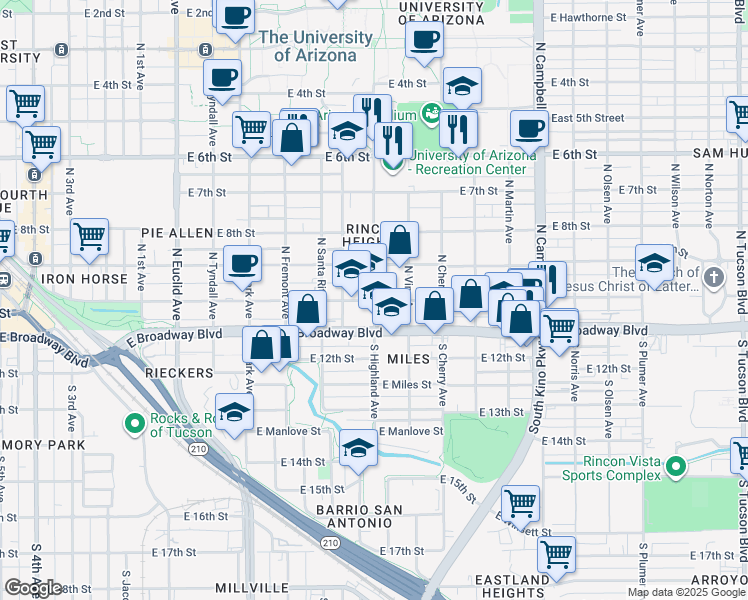 map of restaurants, bars, coffee shops, grocery stores, and more near N Highland Ave & E 10th St in Tucson