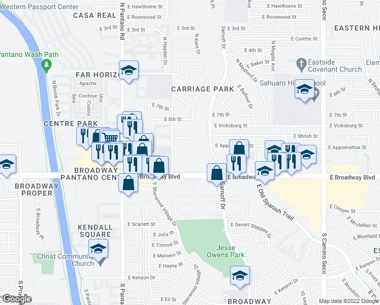 map of restaurants, bars, coffee shops, grocery stores, and more near 250 North Maguire Avenue in Tucson