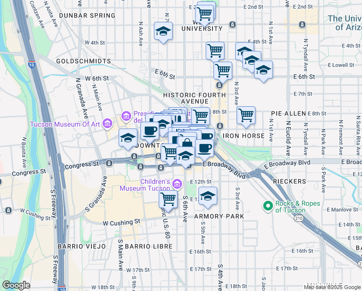 map of restaurants, bars, coffee shops, grocery stores, and more near 55 North 6th Avenue in Tucson
