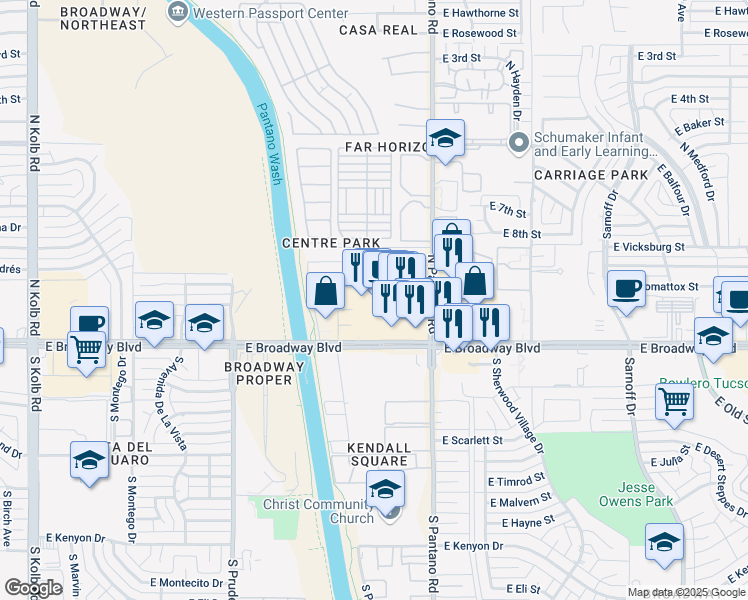 map of restaurants, bars, coffee shops, grocery stores, and more near 7727 East Broadway Boulevard in Tucson