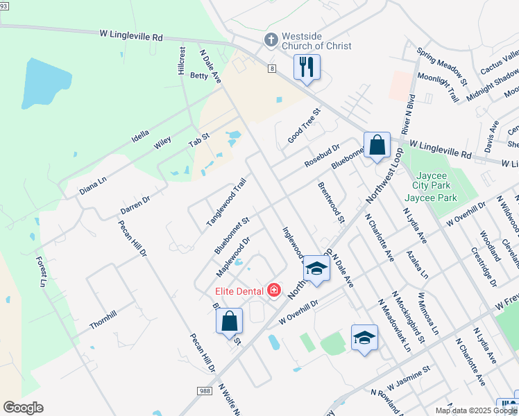 map of restaurants, bars, coffee shops, grocery stores, and more near 1408 Inglewood Drive in Stephenville