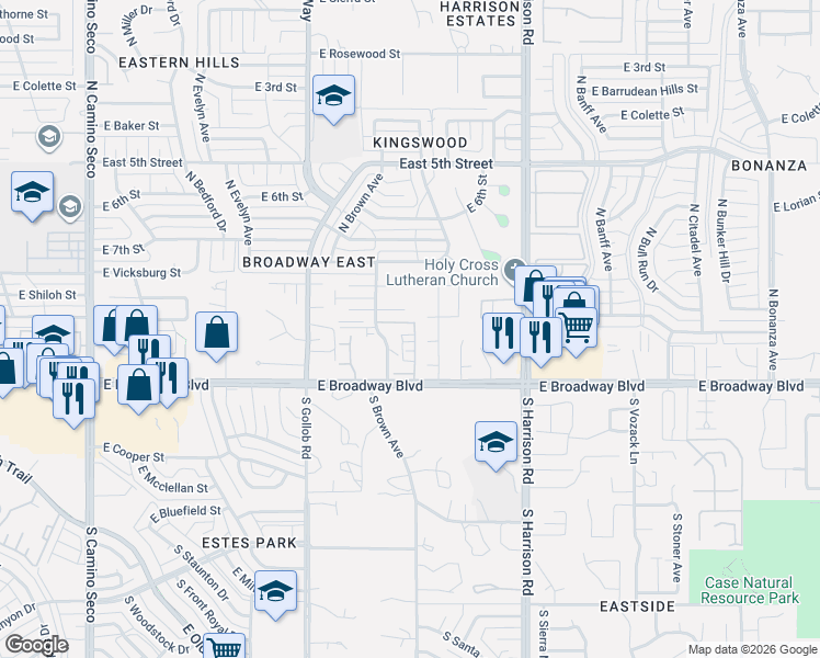 map of restaurants, bars, coffee shops, grocery stores, and more near 9267 East Desert Sands Lane in Tucson