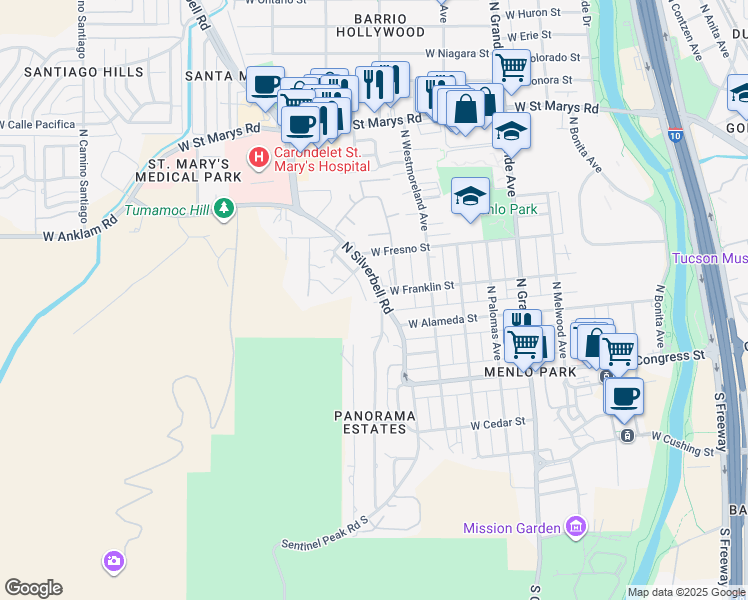 map of restaurants, bars, coffee shops, grocery stores, and more near 211 North Silverbell Road in Tucson