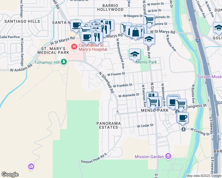 map of restaurants, bars, coffee shops, grocery stores, and more near 211 North Silverbell Road in Tucson