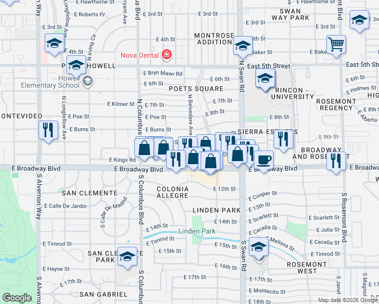 map of restaurants, bars, coffee shops, grocery stores, and more near 61 North Belvedere Avenue in Tucson