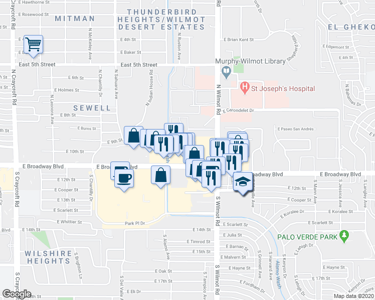 map of restaurants, bars, coffee shops, grocery stores, and more near 6199 East Broadway Boulevard in Tucson