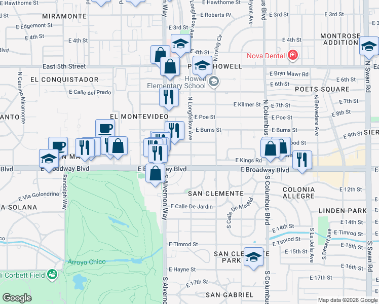 map of restaurants, bars, coffee shops, grocery stores, and more near 4008 East Elmwood Street in Tucson