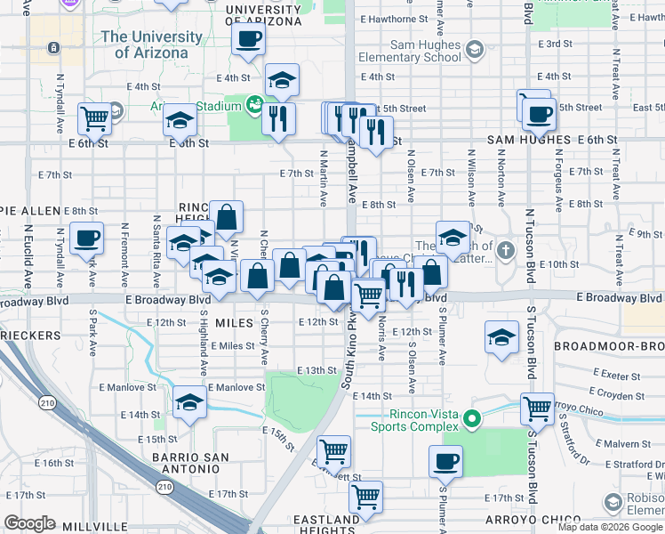 map of restaurants, bars, coffee shops, grocery stores, and more near 1823 East 10th Street in Tucson