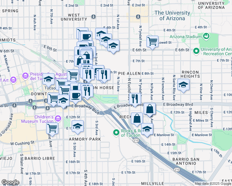 map of restaurants, bars, coffee shops, grocery stores, and more near in Tucson
