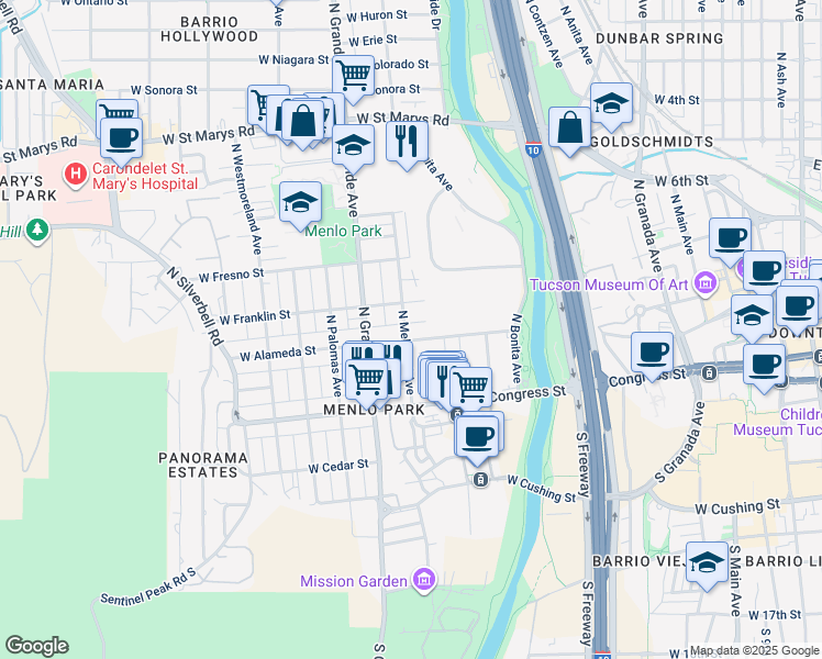 map of restaurants, bars, coffee shops, grocery stores, and more near 854 West Alameda Street in Tucson