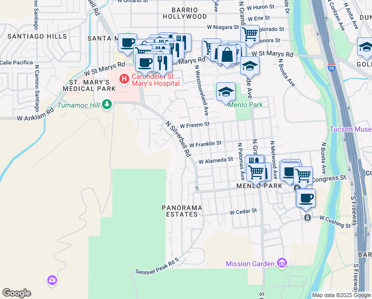 map of restaurants, bars, coffee shops, grocery stores, and more near 211 North Silverbell Road in Tucson