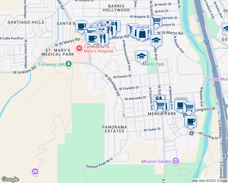 map of restaurants, bars, coffee shops, grocery stores, and more near 211 North Silverbell Road in Tucson