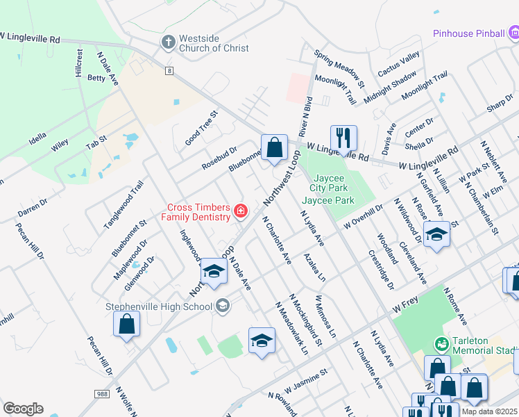 map of restaurants, bars, coffee shops, grocery stores, and more near 2269 Northwest Loop in Stephenville