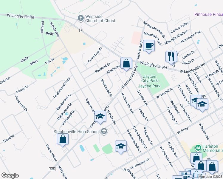 map of restaurants, bars, coffee shops, grocery stores, and more near 203 Brentwood Street in Stephenville