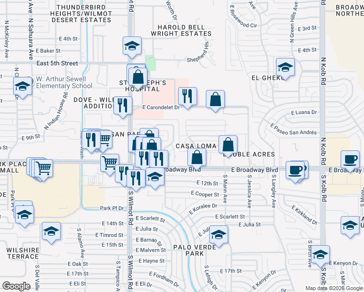 map of restaurants, bars, coffee shops, grocery stores, and more near 78 North Placita Del Saco in Tucson