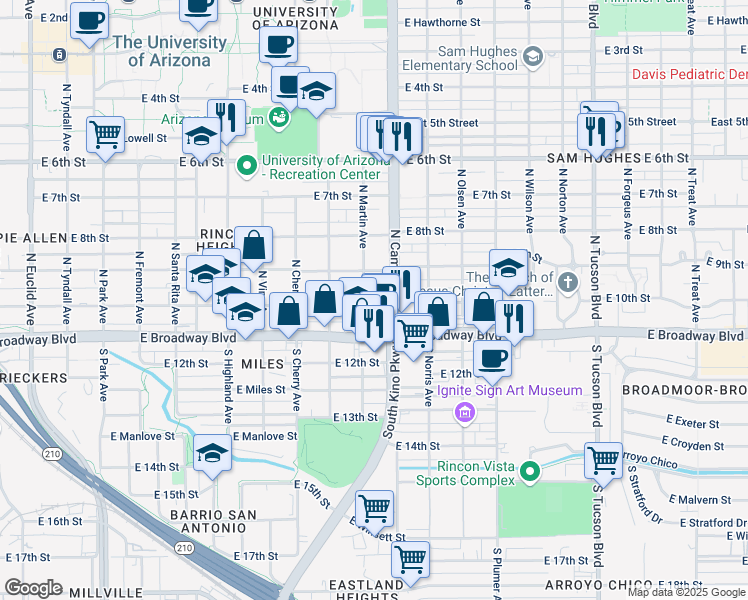 map of restaurants, bars, coffee shops, grocery stores, and more near 1823 East 10th Street in Tucson