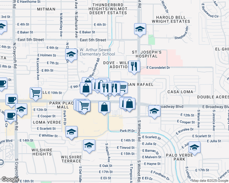 map of restaurants, bars, coffee shops, grocery stores, and more near 6121 East Broadway Boulevard in Tucson