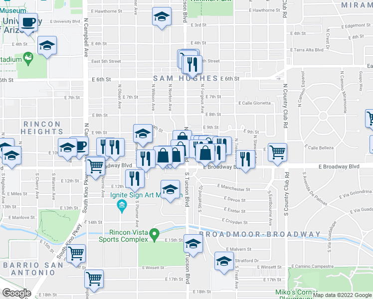 map of restaurants, bars, coffee shops, grocery stores, and more near 86 N Tucson Blvd in Tucson