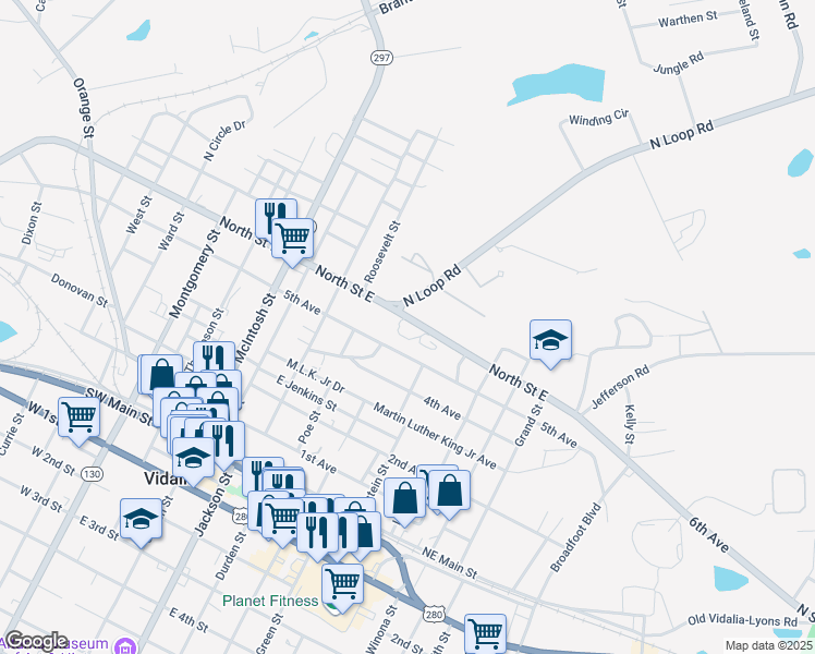map of restaurants, bars, coffee shops, grocery stores, and more near 501 North Saint East in Vidalia