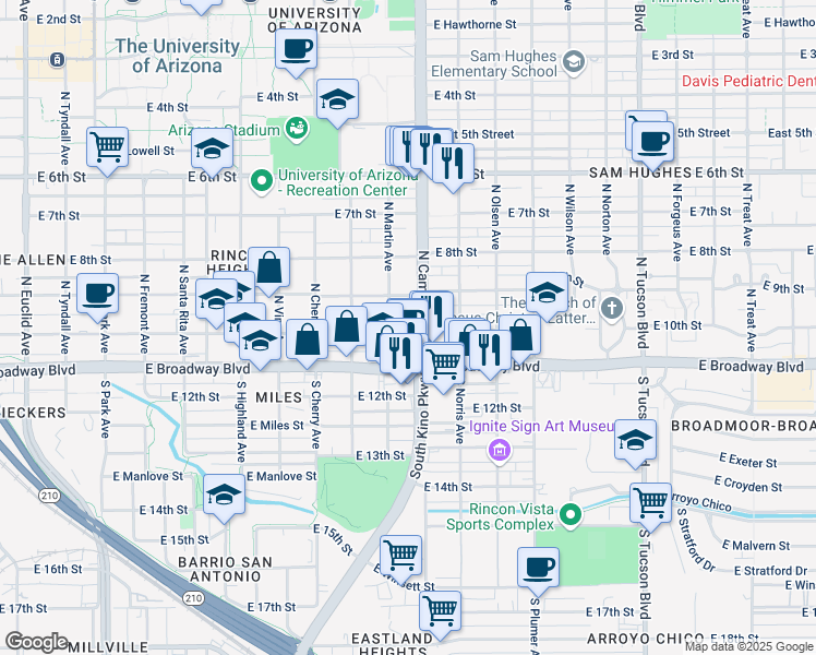 map of restaurants, bars, coffee shops, grocery stores, and more near 1823 East 10th Street in Tucson
