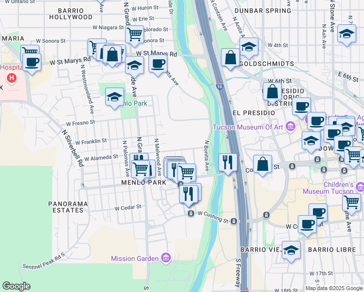 map of restaurants, bars, coffee shops, grocery stores, and more near 830 West Alameda Street in Tucson