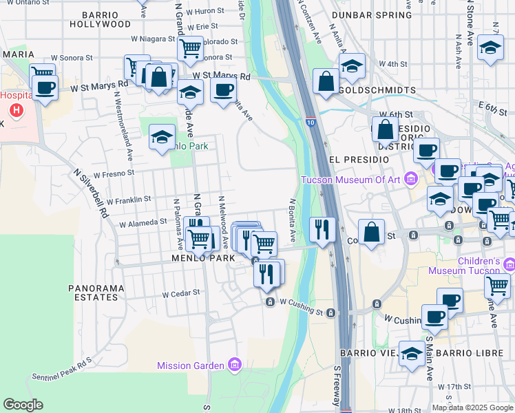 map of restaurants, bars, coffee shops, grocery stores, and more near 830 West Alameda Street in Tucson