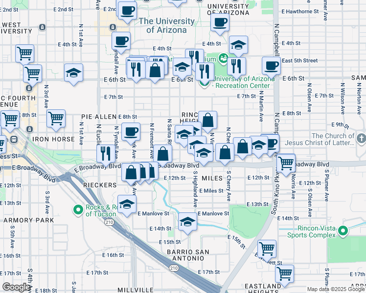 map of restaurants, bars, coffee shops, grocery stores, and more near 116 North Mountain Avenue in Tucson