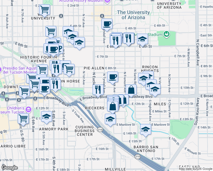 map of restaurants, bars, coffee shops, grocery stores, and more near 121 North Tyndall Avenue in Tucson