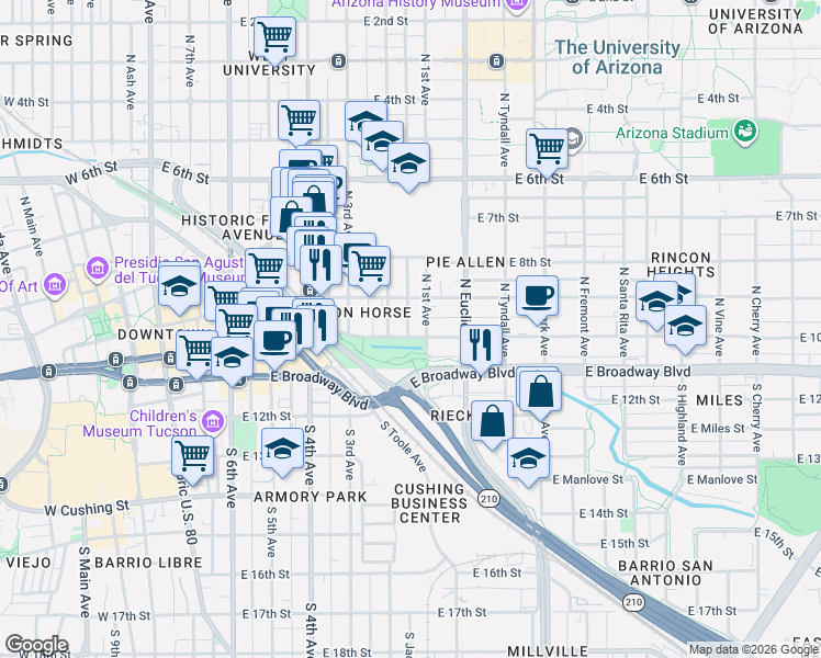 map of restaurants, bars, coffee shops, grocery stores, and more near in Tucson