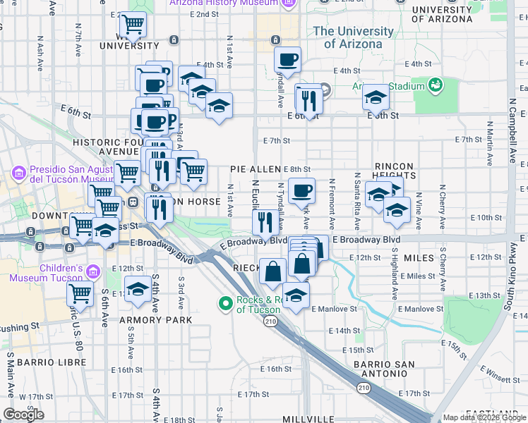 map of restaurants, bars, coffee shops, grocery stores, and more near 801 East 10th Street in Tucson