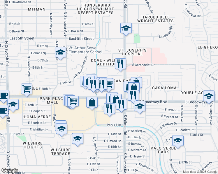 map of restaurants, bars, coffee shops, grocery stores, and more near 6199 East Broadway Boulevard in Tucson