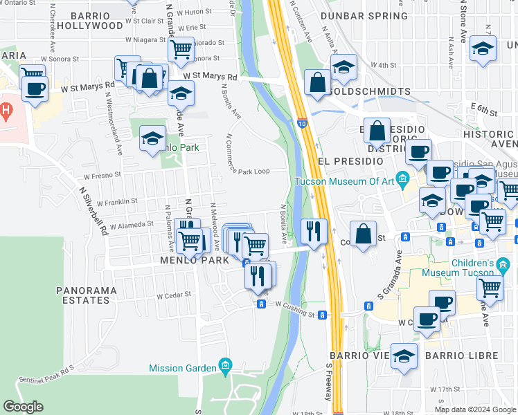 map of restaurants, bars, coffee shops, grocery stores, and more near 808 West Alameda Street in Tucson