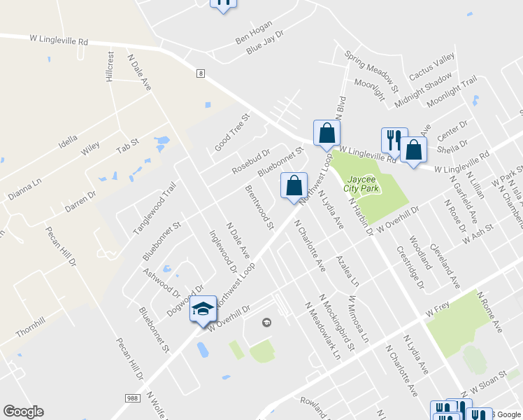 map of restaurants, bars, coffee shops, grocery stores, and more near 203 Brentwood Street in Stephenville