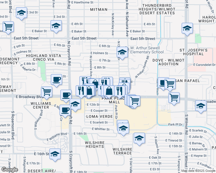 map of restaurants, bars, coffee shops, grocery stores, and more near 5731 East 10th Street in Tucson