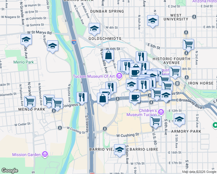 map of restaurants, bars, coffee shops, grocery stores, and more near 425 West Paseo Redondo in Tucson