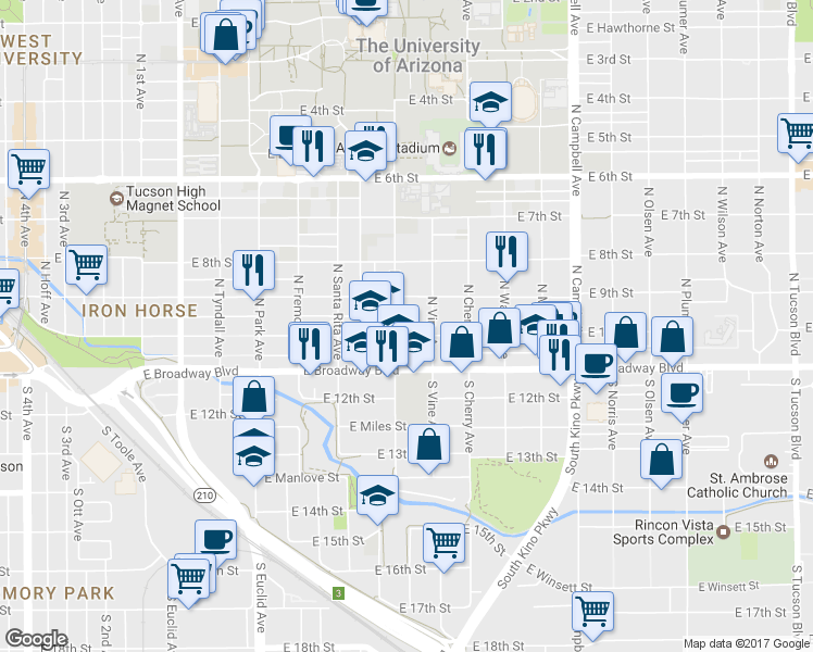 map of restaurants, bars, coffee shops, grocery stores, and more near 1411 East 10th Street in Tucson