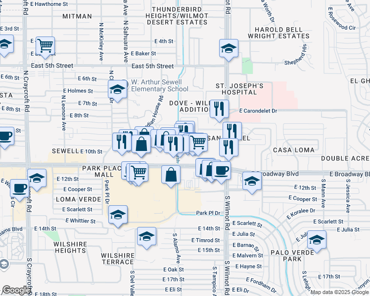 map of restaurants, bars, coffee shops, grocery stores, and more near 6121 East Broadway Boulevard in Tucson