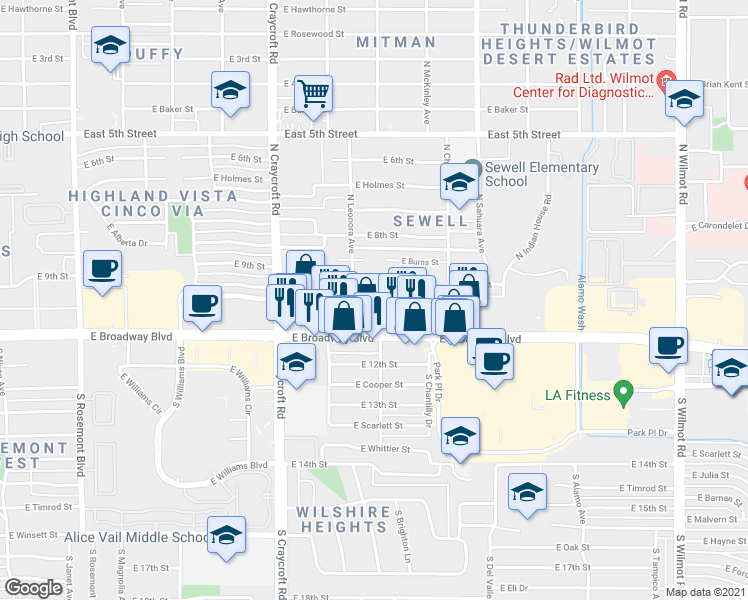 map of restaurants, bars, coffee shops, grocery stores, and more near 5649 East 10th Street in Tucson